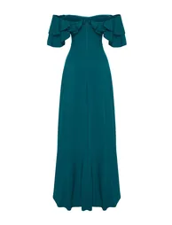 Emerald Green Waist Open/Skater Woven Flounce Long Evening Evening Dress - 7