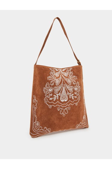 Brown Embroidered Suede Hobo Bag