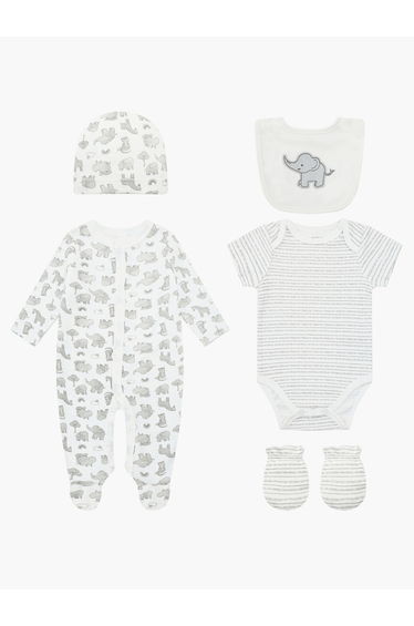 5-Piece Printed Onesie, Cap, Bib, Mittens and Bodysuit