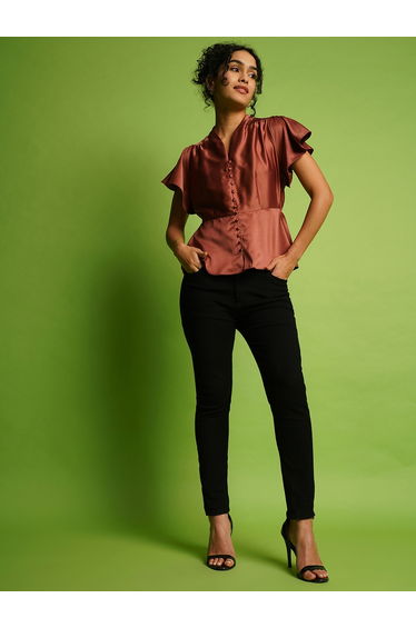 Solid Satin V-Neck Flute Sleeve Buttoned Top