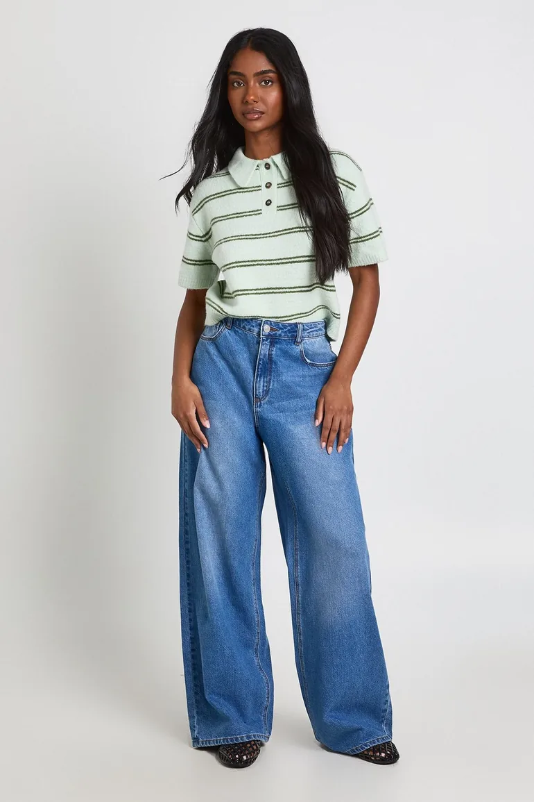 Mid Waist Loose Fit Wide Leg Jean - mid wash
