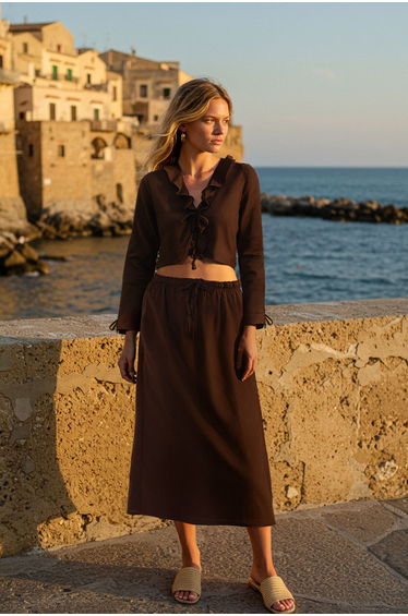 Brown Woven Frilly Binding Detailed Beach Blouse Skirt Suit