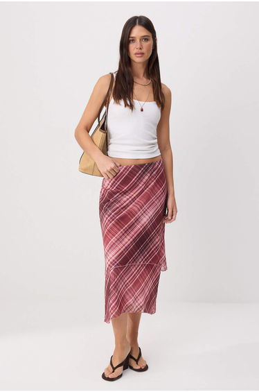 Pink Plaid A-Line Regular Waist Midi Tulle Knitted Skirt