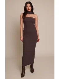 Chocolate Brushed Rib Scarf Detail Bandeau Dress - 5