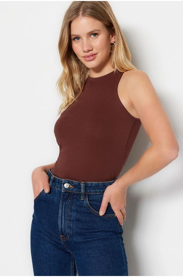 Brown Cotton, Halterneck Fitted/Slip-On, Flexible Knit Single Singlet