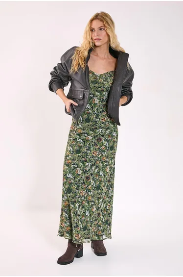 فستان ماكسي شيفون بكشكش بياقة منسدلة بفتحة بطبعة أزهار