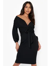 Recycled Off The Shoulder Wrap Midi Dress - black