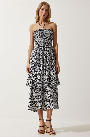 Women's Black Floral Flounce Summer Viscose Dress
