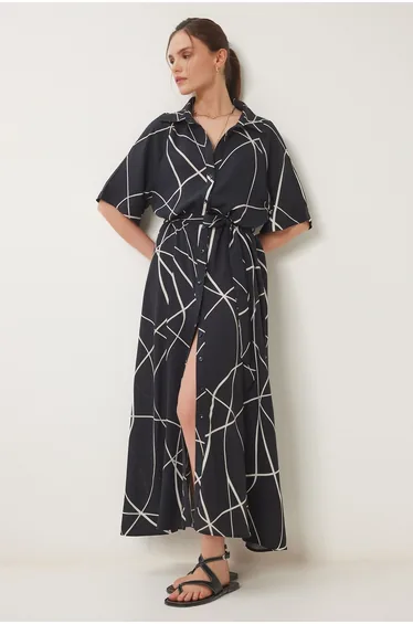 Women's Black Bone Print Summer Midi Shirt Dress