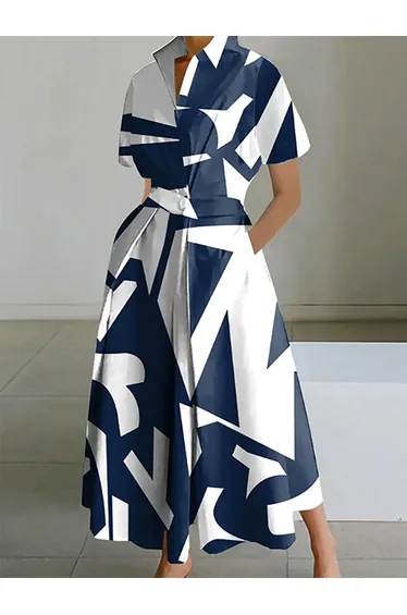 Short Sleeves Printed Lapel Dresses