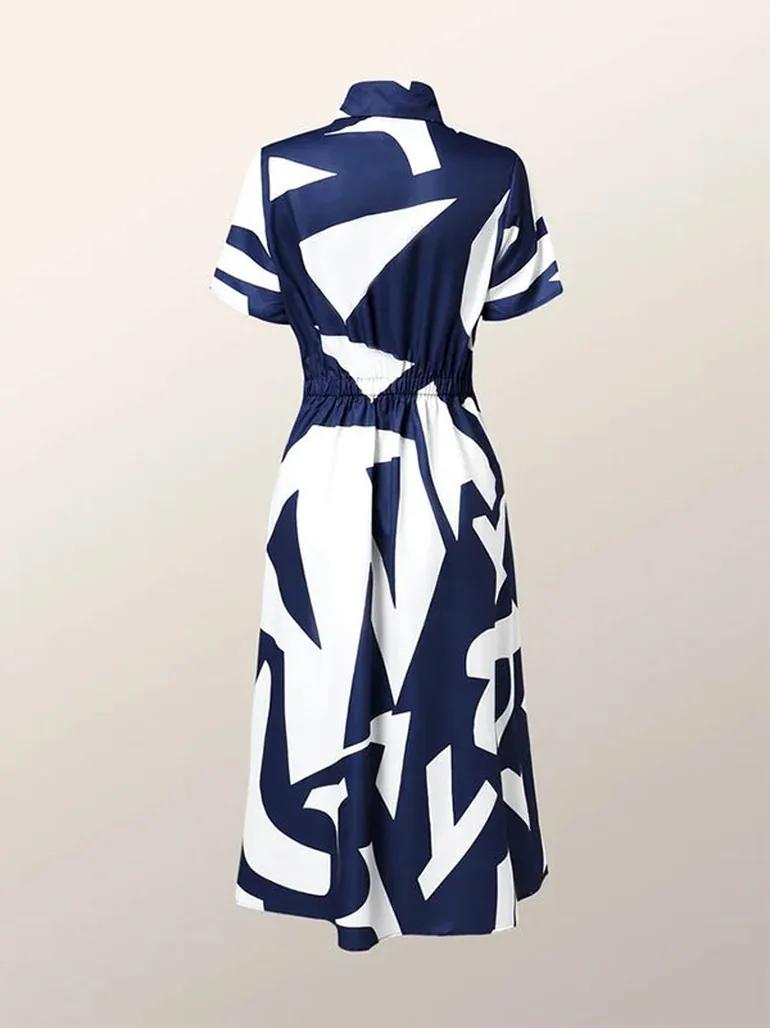 Short Sleeves Printed Lapel Dresses - 2