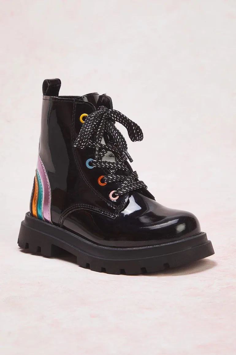 Black Zippered and Laced Little Girl's Kids Patent Leather - 1