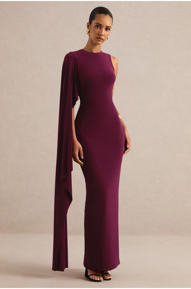 Maravelle | Burgundy Round-Neck Maxi Dress With Cape Sleeve