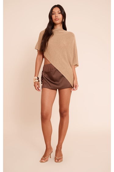 Chocolate Satin Wrap Mesh Mini Skirt