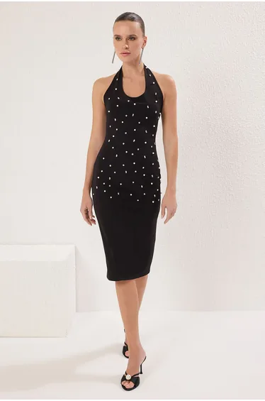 Black Body-Styling Shiny Stone Knitted Midi Dress