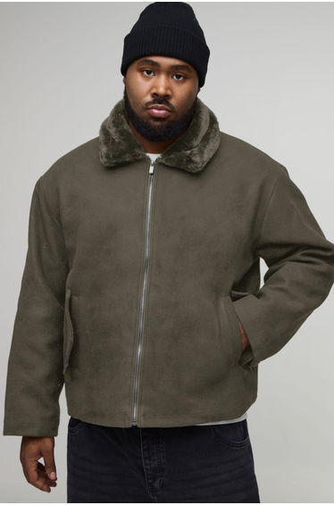 Plus Faux Fur Collar Regular Fit Bomber Jacket - khaki
