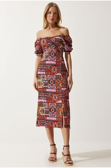 Women's Tile Elastic Carmen Collar Summer Viscose Dress