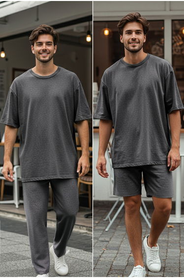 Anthracite Oversize/Wide Cut 3 Piece T-Shirt/Shorts/Sweatpants Tracksuit Set