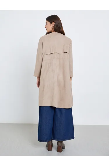 Beige Longline Suede Look Loop Button Coat