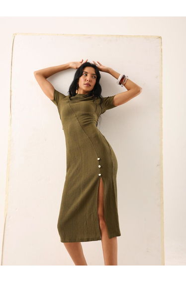 Olive Textured Midi Dress with Side Slit