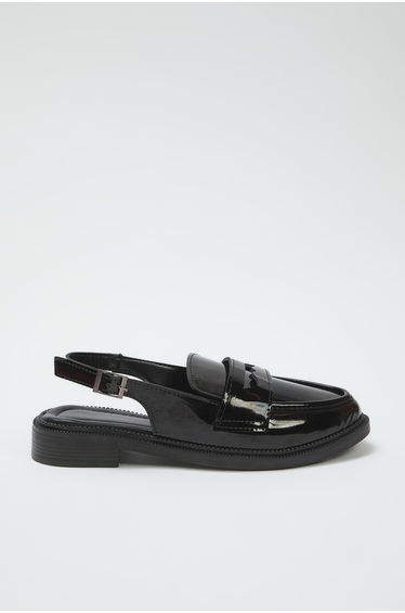 Black Patent Leather Open Back Women Loafer Shoes
