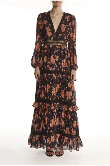 Black Flower Chiffon V-neck Maxi-Dress