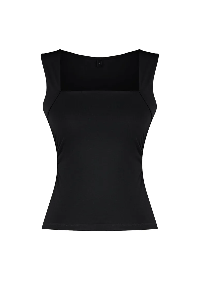 تانك توب بحمالات عريضة أسود بياقة مربع - 6