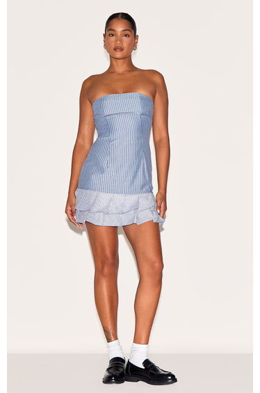 Blue Contrast Pinstripe Bandeau Shift Dress