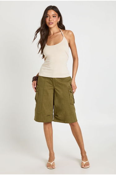 Premium Peached Rib Tie Back Halterneck Crop Top - ecru