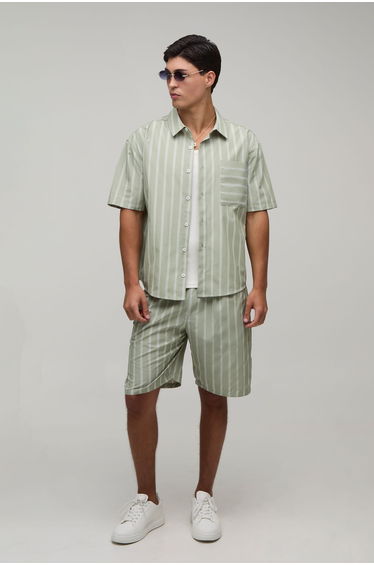 Wide Stripe Oversized Curved Hem Shirt & Baggy Short Set - sage