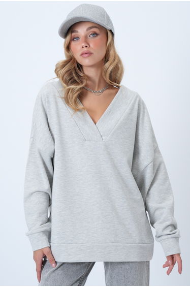 Women's Grimelange V-Neck Double-Breasted Cut Oversized Sweatshirt