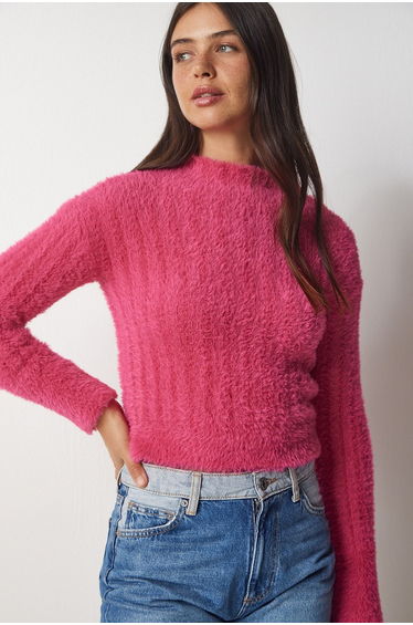 Women's Pink Stand-Up Collar Bearded Knitwear Sweater NF00068