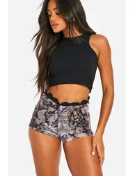 Snake Print Mesh Ruched Lace Trim Booty Short - snake - 1