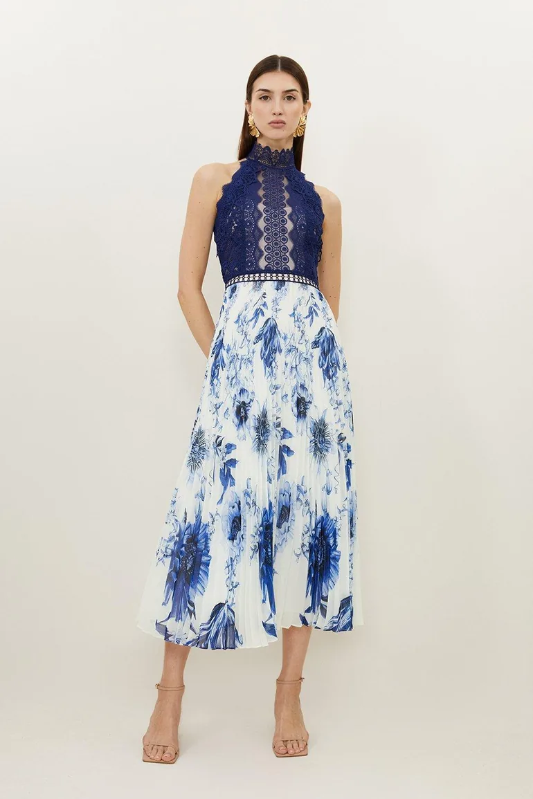 Shop Guipure Lace Floral Print Woven Halter Maxi Dress Online in Bahrain