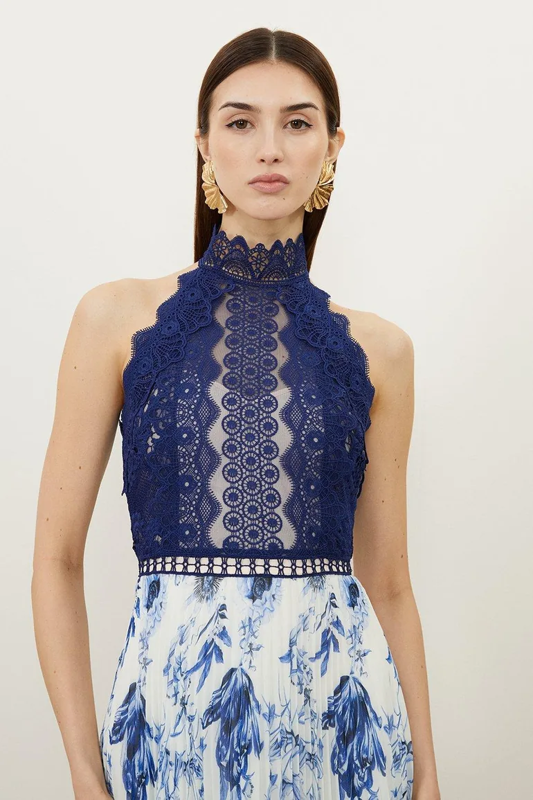 Shop Guipure Lace Floral Print Woven Halter Maxi Dress Online in Bahrain