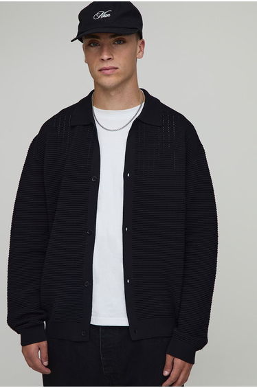 Oversized Boxy Pleated Heavy Knitted Long Sleeve Shirt - black