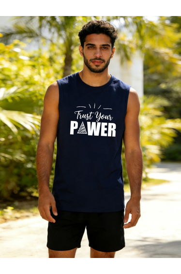 Men Dark Blue Text Print Round Neck Tank and Shorts Co-Ords