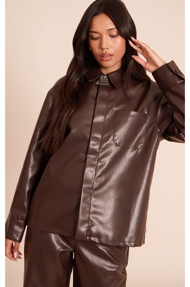 Dark Brown Faux Leather Pocket Detail Shirt