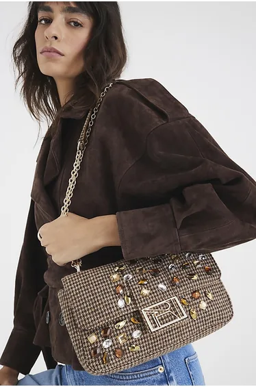 Brown Dogtooth Embellished Shoulder Bag