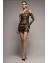 City Goddess One Shoulder Faux Leather Mini Dress - Khaki