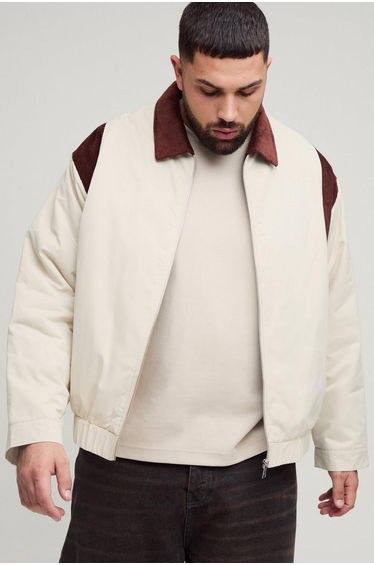 Plus Cord Contrast Collar Padded Jacket - ecru