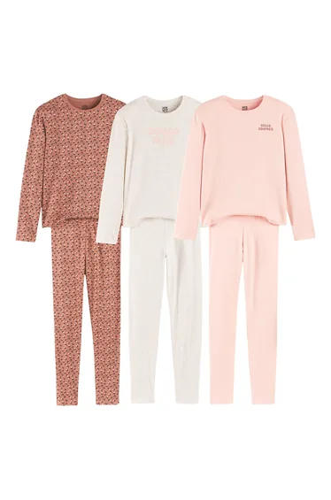 Pack of 3 Pyjamas in Cotton Jersey, Slogan/Leopard Print