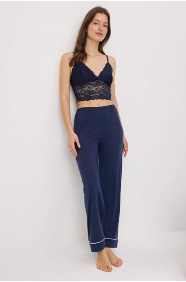 Navy Blue Lace Bralet Trousers Viscose Single Jersey Knitted Pajamas Set
