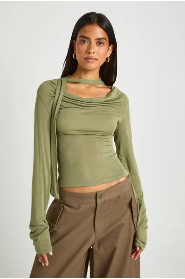 Sheer Knit Tie Cowl Neck Top - khaki