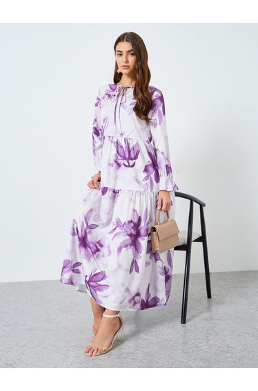 Floral Printed Tie-Up Neck Long Sleeve Midi Dress