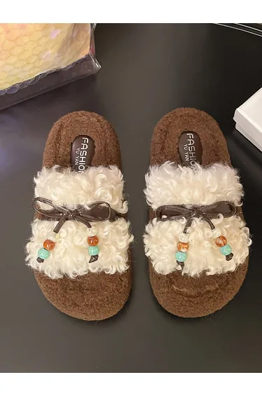 Plush Slides with Beaded Bow