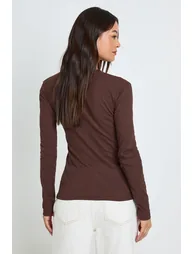 Tall Rib Button Through Long Sleeve Top - chocolate - 1