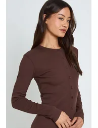 Tall Rib Button Through Long Sleeve Top - chocolate - 3