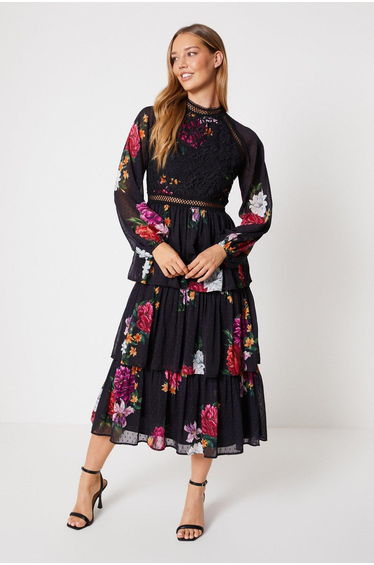 Floral Lace Trim Dobby Chiffon Tiered Midaxi Dress