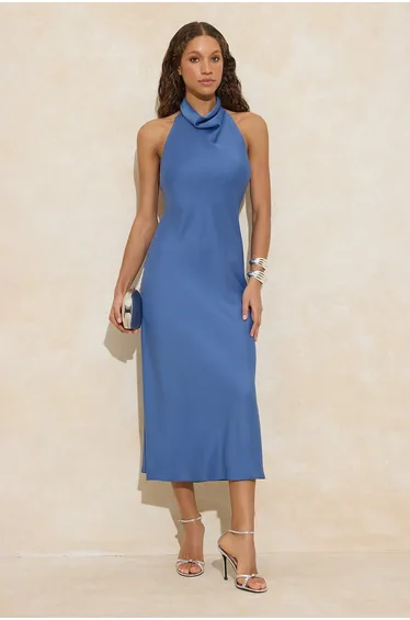Blue Satin Degaje Collar Woven Stylish/Evening Dress